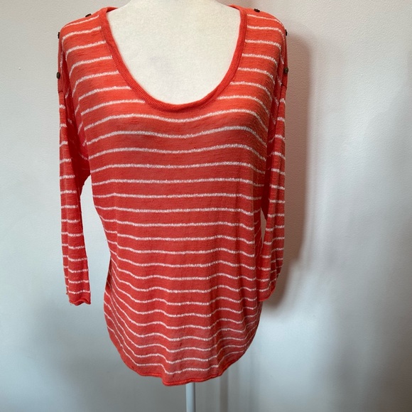 J.Jill Linen Blend Coral Striped Knit Top 3/4 Sleeve Button Accent Womens size M - Picture 1 of 8